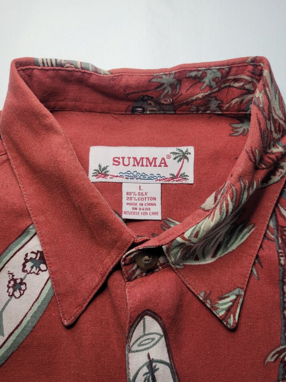 Summa Red Hawaiian Silk Blend Shirt Surfboard Woody Wagon Print Mens Large - Picture 5 of 9